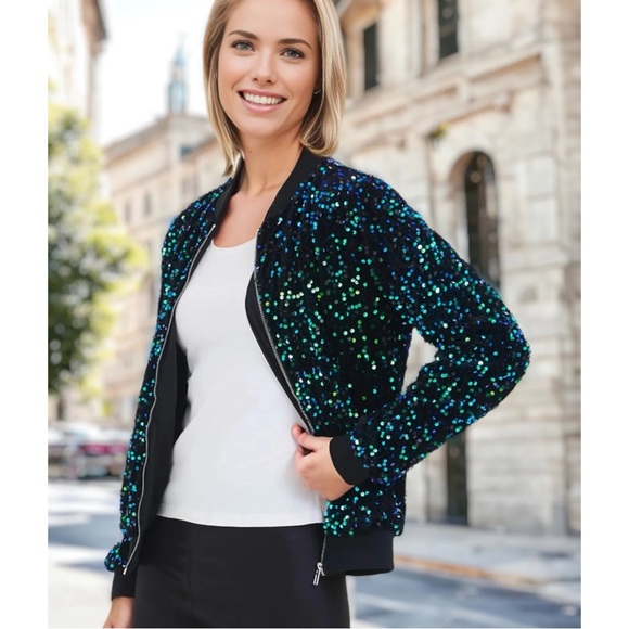 Mac Duggal Sequin Bomber Jacket Black Blue Green Zip Up Size 4 - Picture 1 of 10